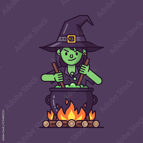 Cartoon green witch with a pointy hat stirring a bubbling cauldron over a campfire.