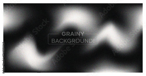 Abstract grainy background. Dark monochrome banner with blur, noise texture, and soft white wavy light effect. Modern vector backdrop.
