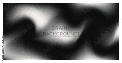 Abstract grainy background. Dark monochrome banner with blur, noise texture, and soft white wavy light effect. Modern vector backdrop.