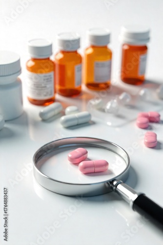 Pharmaceutical Packaging and Research Tools A neat arrangement of pharmaceutical vials, pill bottles with clean labels (no text), and a magnifying glass on a bright white background. The scene evokes