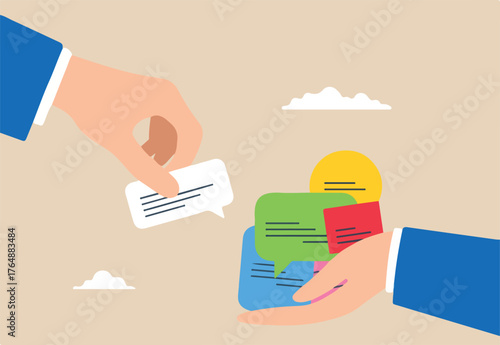 Businessman hand giving feedback speech bubble to manager, illustrating employee satisfaction survey. Concept of receiving customer advice, and opinions for improvement through effective commun