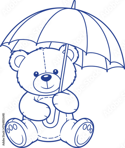 A charming vector illustration of a teddy bear holding an open umbrella. The teddy bear is depicted in a cute, stylized manner, with a friendly expression. The umbrella is open above its head.