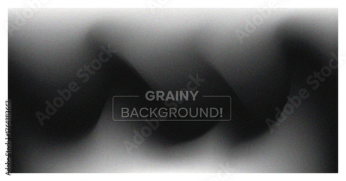 Abstract grainy background. Dark monochrome banner with blur, noise texture, and soft white wavy light effect. Modern vector backdrop.