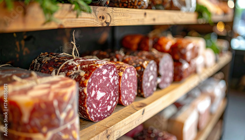 Various types of cured salami and sausages are displayed on wooden shelves in a delicatessen, creating a rustic and appetizing gourmet food scene