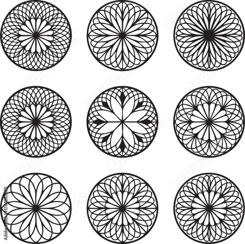 Nine black circular geometric patterns on white background