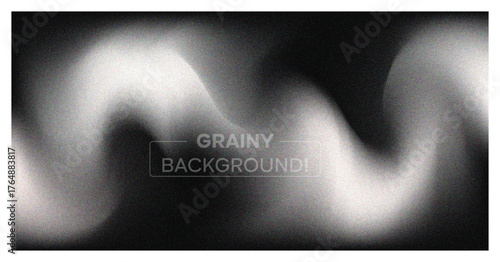 Abstract grainy background. Dark monochrome banner with blur, noise texture, and soft white wavy light effect. Modern vector backdrop.