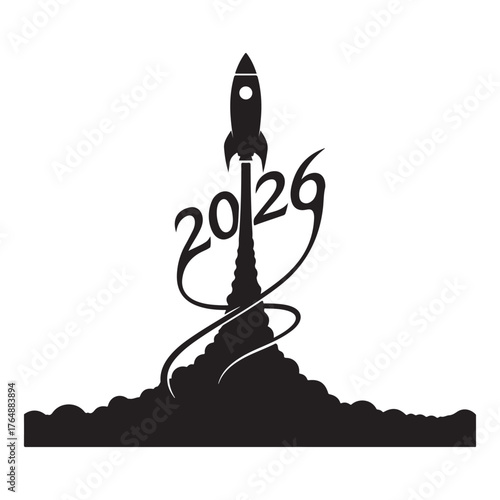 Rocket launching with smoke trails forming the year 2026 new year spaceship