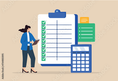 Flat illustration of female professional accountant hold clipboard complete item on business checklist spreadsheet with calculator