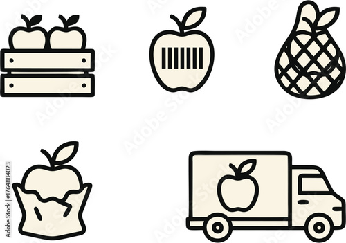 Set of vector icons of food and transport with fruits vegetables and animals in cartoon style