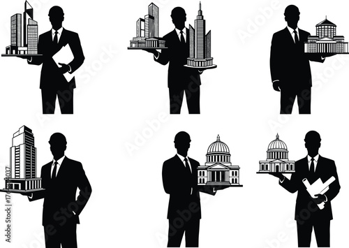 Architect silhouette holding city building models, urban planner vector illustration, construction professional with blueprint, architecture concept design, real estate developer art collection