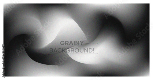 Abstract grainy background. Dark monochrome banner with blur, noise texture, and soft white wavy light effect. Modern vector backdrop.
