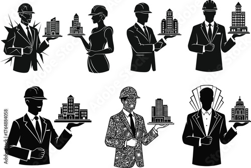 Architect and builder silhouettes holding modern city models, vector illustration of urban planners, real estate developers, engineers, construction professionals, architecture concept design