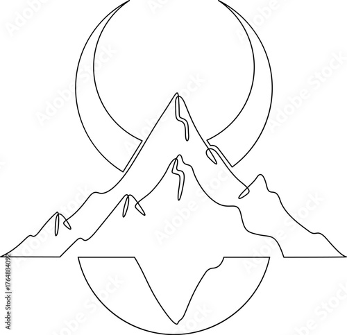 Continuous one line drawing Moon against a high mountain. Mountain landscape. Linear icon. Line art.One continuous line isolated illustration.Not AI.