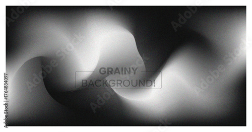 Abstract grainy background. Dark monochrome banner with blur, noise texture, and soft white wavy light effect. Modern vector backdrop.