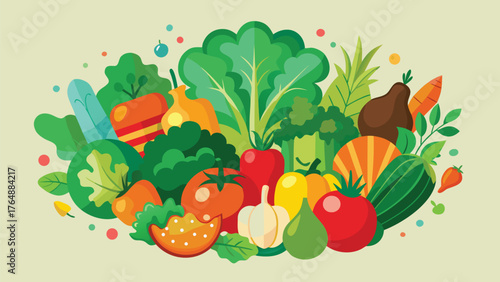 Vibrant flat illustration showcasing a diverse assortment of fresh colorful produce and natural elements