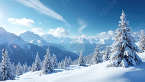 Wallpaper Mural Vast snowy mountain range features towering peaks under clear blue sky. Numerous evergreen pine trees covered in thick white snow. Bright sun glistens on cold landscape, truly serene natural winter Torontodigital.ca
