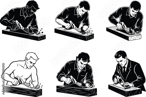 Carpenter craftsman using hand planer tool, multiple working styles illustration, woodworking artisan smoothing wooden plank, vector design for construction, labor, and craftsmanship themes