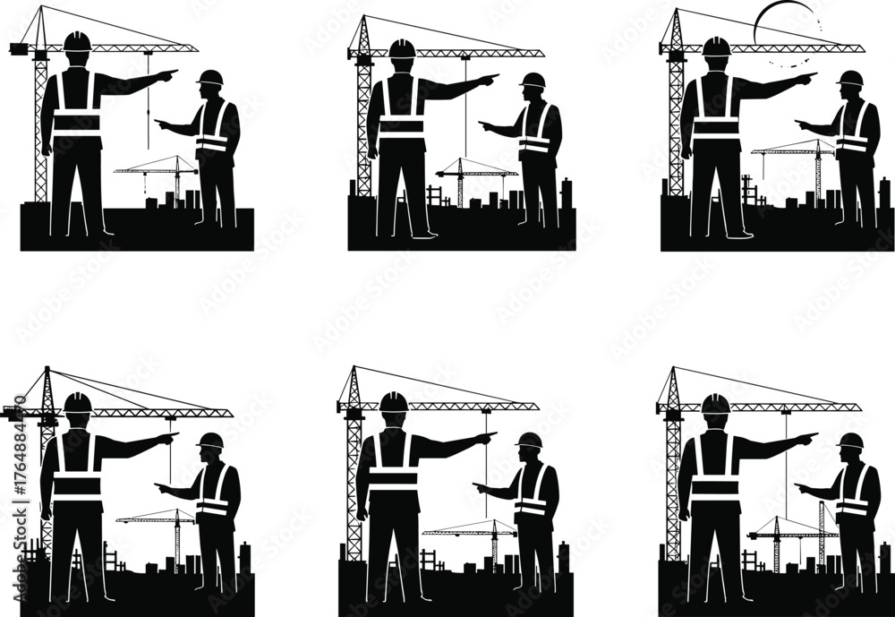 Obraz premium Construction engineers discussing blueprint at building site, workers wearing safety vests and helmets, crane background, teamwork supervision, project planning,