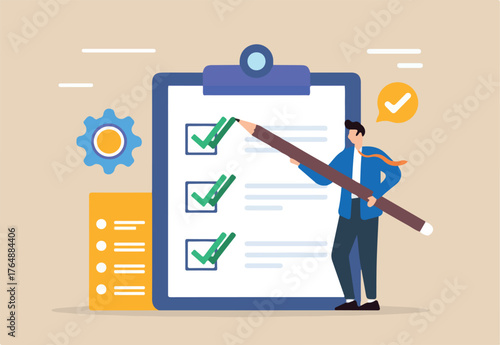 Flat illustration of male supervisor use pencil double check business checklist on clipboard	
