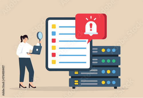 Flat illustration of data security expert inspecting security logs with alert notifications popping up