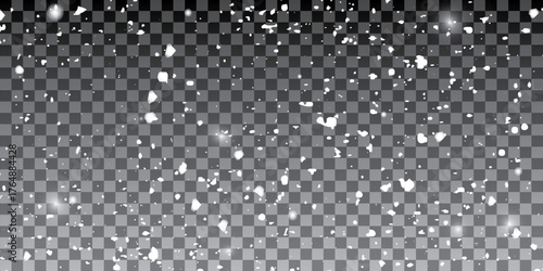 White snowflakes on a transparent background. Snow flakes, snow background. Heavy snowfall, snowflakes in different shapes and forms.