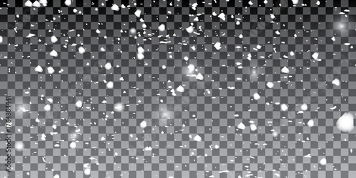 White snowflakes on a transparent background. Snow flakes, snow background. Heavy snowfall, snowflakes in different shapes and forms.