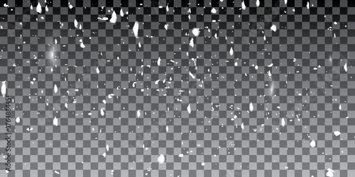 White snowflakes on a transparent background. Snow flakes, snow background. Heavy snowfall, snowflakes in different shapes and forms.