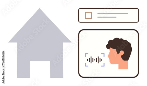 Silhouette of a house, voice recognition interface with sound waves and profile of a man. Ideal for home automation, innovation, technology, smart living, user experience, communication, control