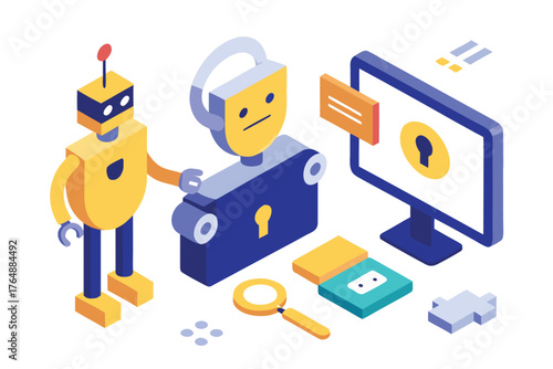 Isometric illustration depicting a cybersecurity conference with digital elements and network connections