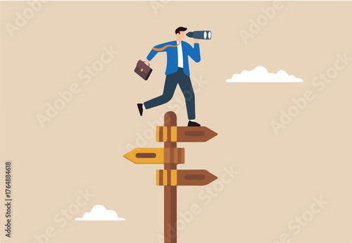 Flat illustration of businessman stand on direction sign look on binocular to discover solution find business opportunity see future career make decision success way vision path