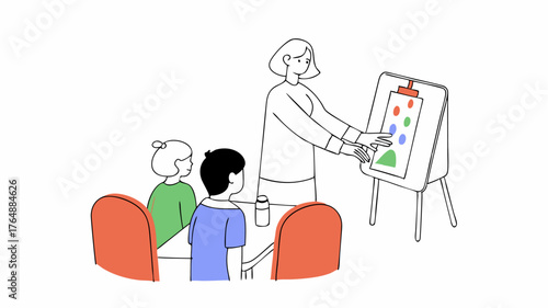 A nurse volunteer demonstrating proper handwashing techniques to a small group of eager children using visual aids on a portable whiteboard.