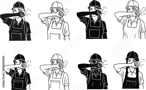 Construction worker coughing illustration set, safety uniform, helmet protection, workplace health issue, air pollution concept, hygiene awareness, industrial labor silhouette vector design
