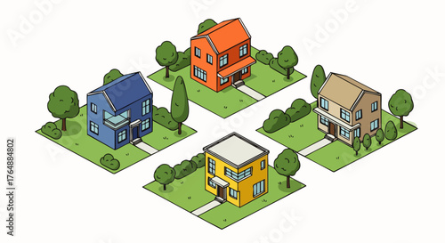 Isometric 3D style vector illustration of a set of modern houses with geometric designs and large windows, suitable for real estate, architecture, construction and home design projects.
