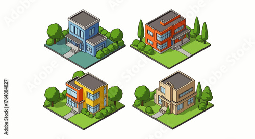 Isometric 3D style vector illustration of a set of modern houses with geometric designs and large windows, suitable for real estate, architecture, construction and home design projects.