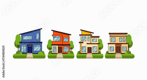 Vector illustration of a set of modern houses with geometric designs and large windows, suitable for real estate, architecture, construction, and home design projects.