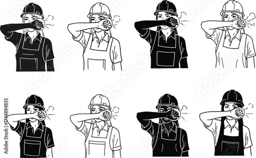 Construction worker coughing silhouette set, industrial safety illustration, workplace hygiene awareness, health protection concept, dust prevention, vector art for occupational safety design
