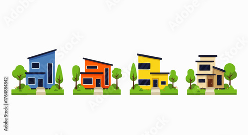 Vector illustration of a set of modern houses with geometric designs and large windows, suitable for real estate, architecture, construction, and home design projects.