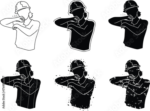 Construction worker coughing silhouette set, safety helmet, dust protection, industrial health awareness, hygiene concept, occupational illness prevention, 