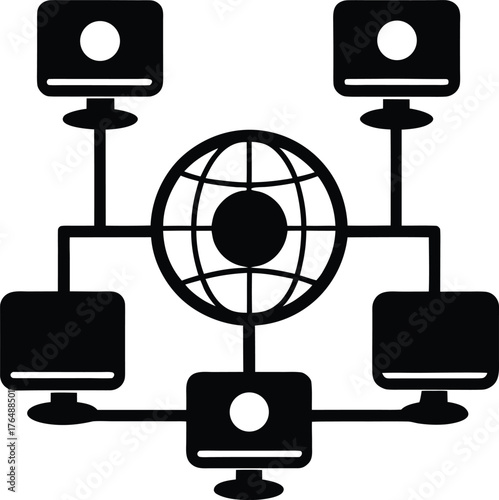 Global computer network concept illustration. Worldwide data connection with linked desktop monitors and internet globe icon
