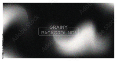 Abstract grainy background. Dark monochrome banner with blur, noise texture, and soft white wavy light effect. Modern vector backdrop.