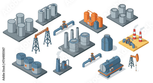 Isometric industrial oil and gas refinery equipment set with tanks and pipelines
