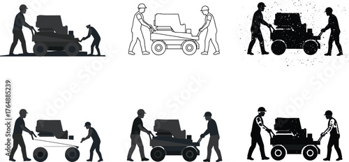Construction workers pushing heavy equipment together, teamwork concept silhouettes in multiple styles, industrial labor vector illustration, engineering cooperation, 