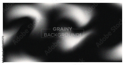 Abstract grainy background. Dark monochrome banner with blur, noise texture, and soft white wavy light effect. Modern vector backdrop.