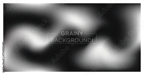 Abstract grainy background. Dark monochrome banner with blur, noise texture, and soft white wavy light effect. Modern vector backdrop.