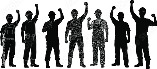 Construction workers raising fists silhouette set, teamwork unity concept, industrial labor protest illustration, strong worker solidarity design, vector power of labor force art