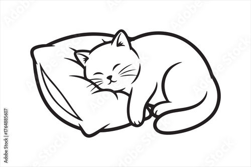 Cute cat sleeping peacefully on pillow silhouette on vector white background