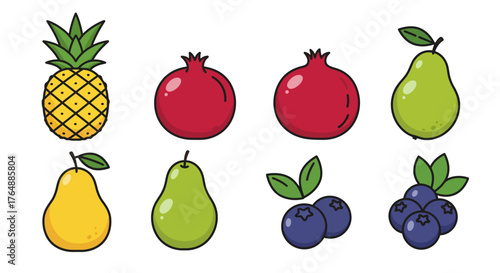 Vibrant fruit collection: pineapple, pomegranate, pear, blueberries in cartoo…