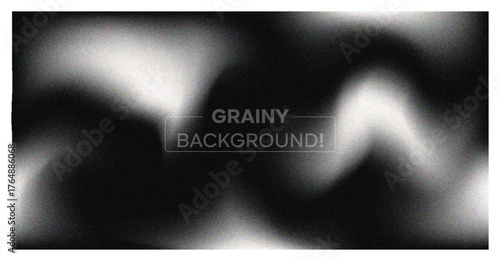 Abstract grainy background. Dark monochrome banner with blur, noise texture, and soft white wavy light effect. Modern vector backdrop.