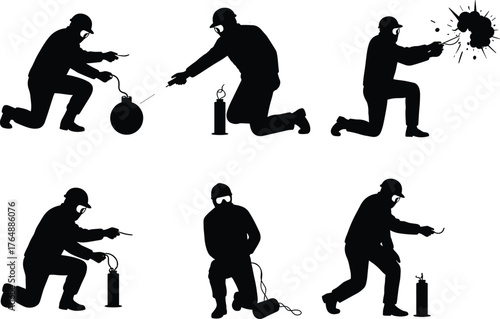 Demolition worker lighting explosives silhouette set, construction blasting scene, industrial danger concept, safety equipment, explosive detonation process, 