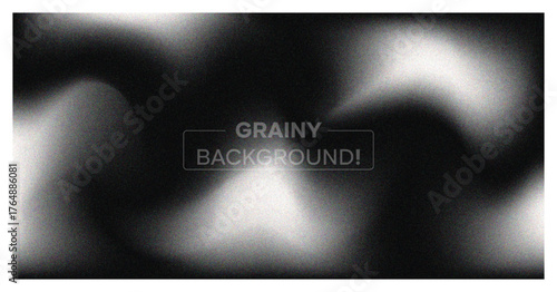 Abstract grainy background. Dark monochrome banner with blur, noise texture, and soft white wavy light effect. Modern vector backdrop.